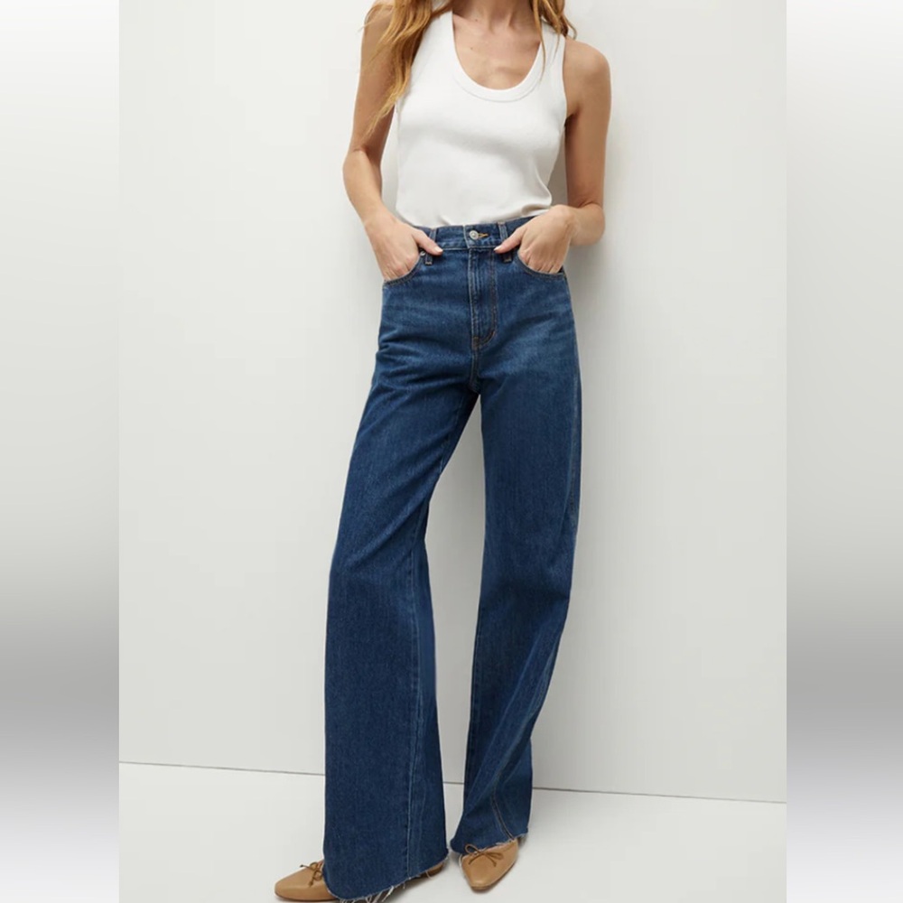 Veronica Beard Taylor Raw Hem High Waist Wide Leg Jeans Size 27 (Bright Blue)